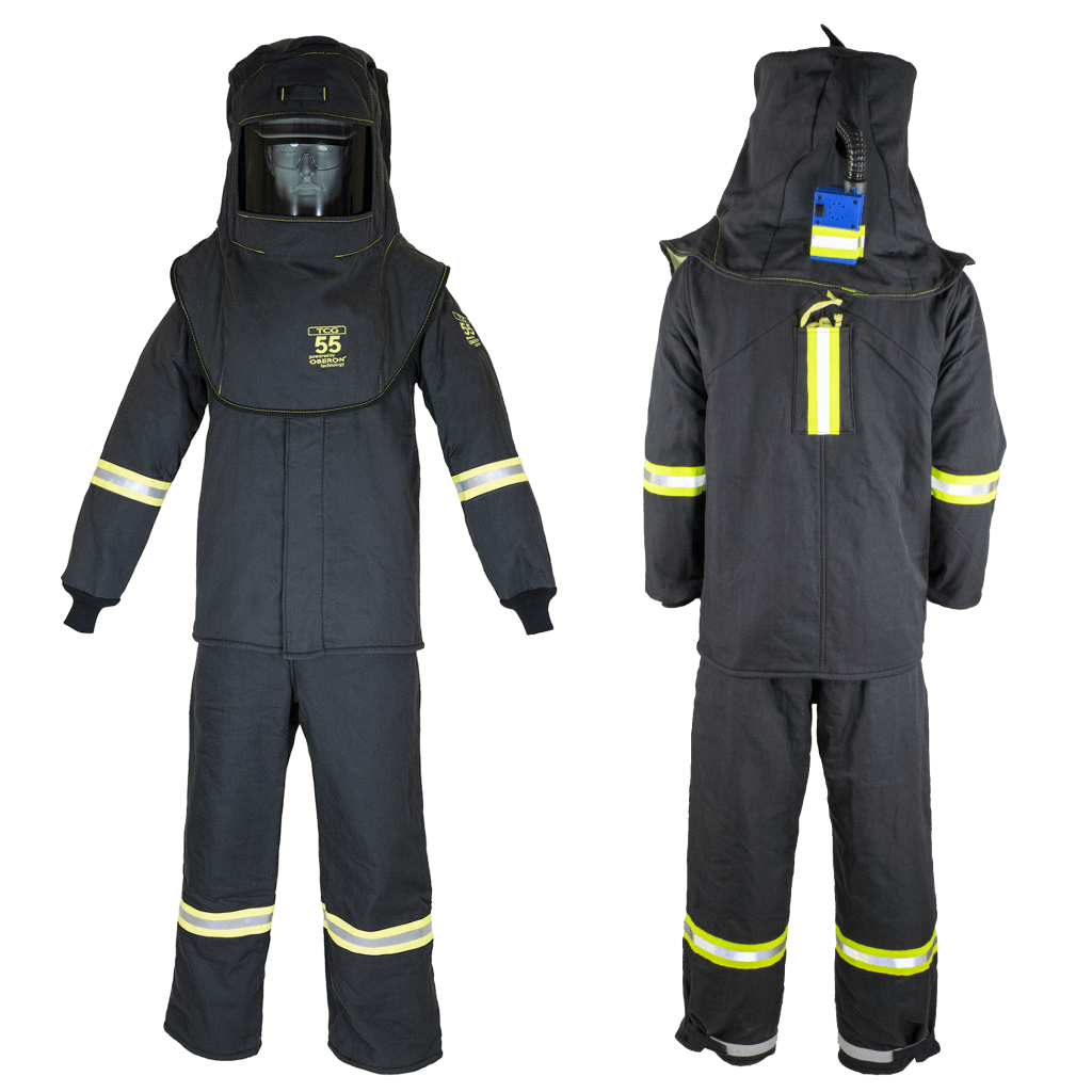 55 Cal TCG™ Deluxe Arc Flash Suit Kit (Hood, Coat with Escape Strap and Bib-Overall with 26″ Leg Zippers)